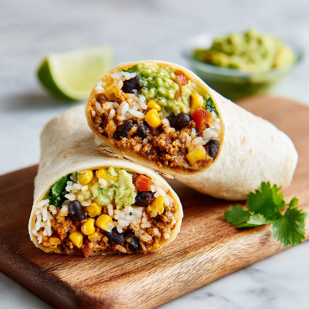 Two black bean and guacamole burritos on a wooden cutting board.