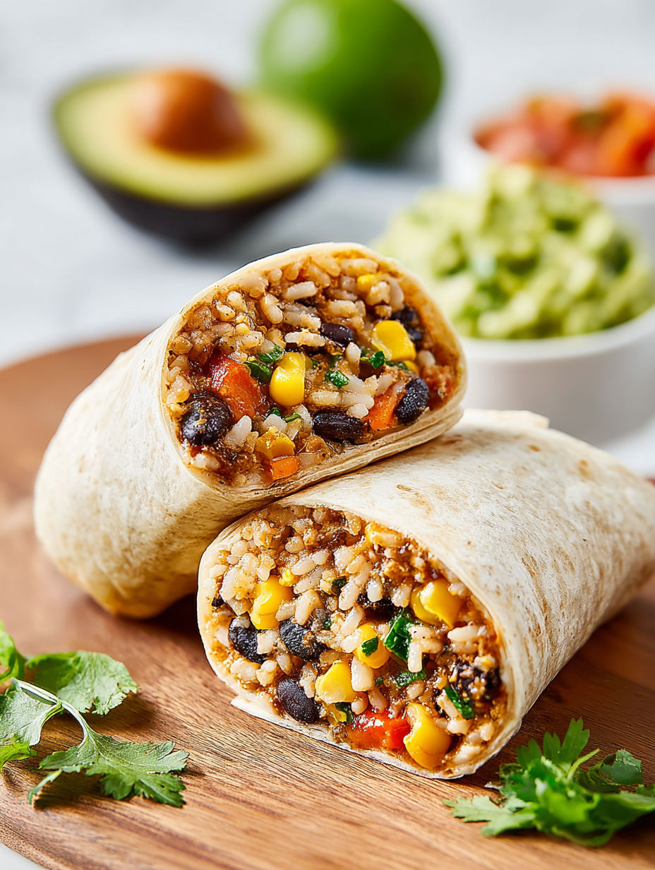 Two black bean and guacamole burritos.