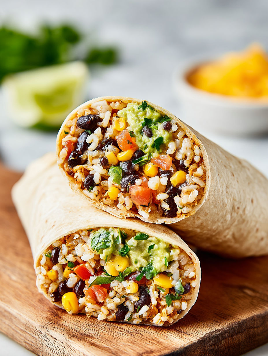 Two black bean and guacamole burritos.