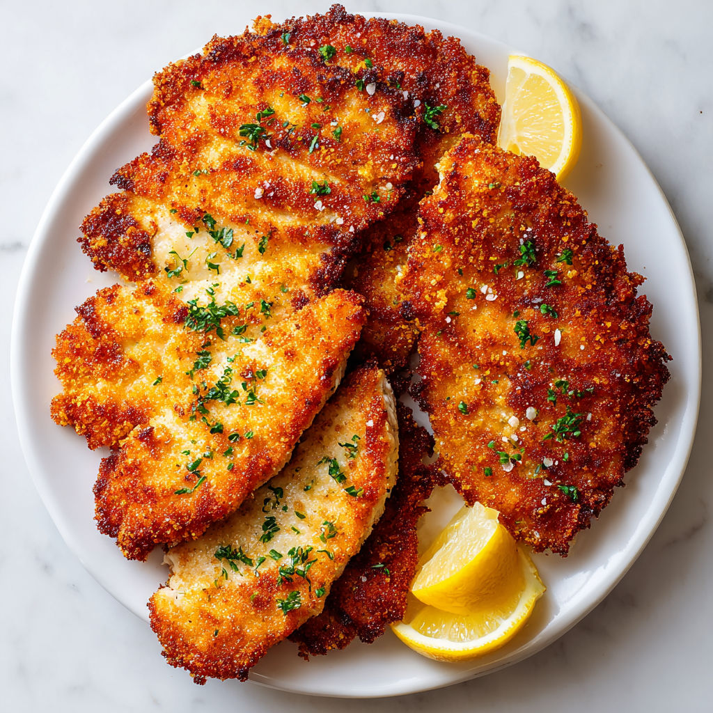 A plate of crispy chicken schnitzel.