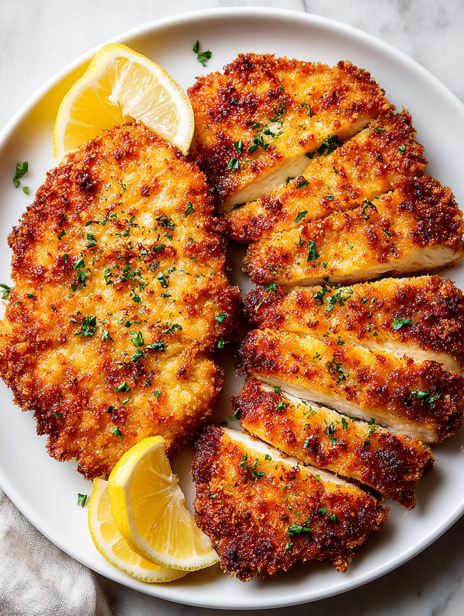 A plate of crispy chicken schnitzel with lemon wedges.