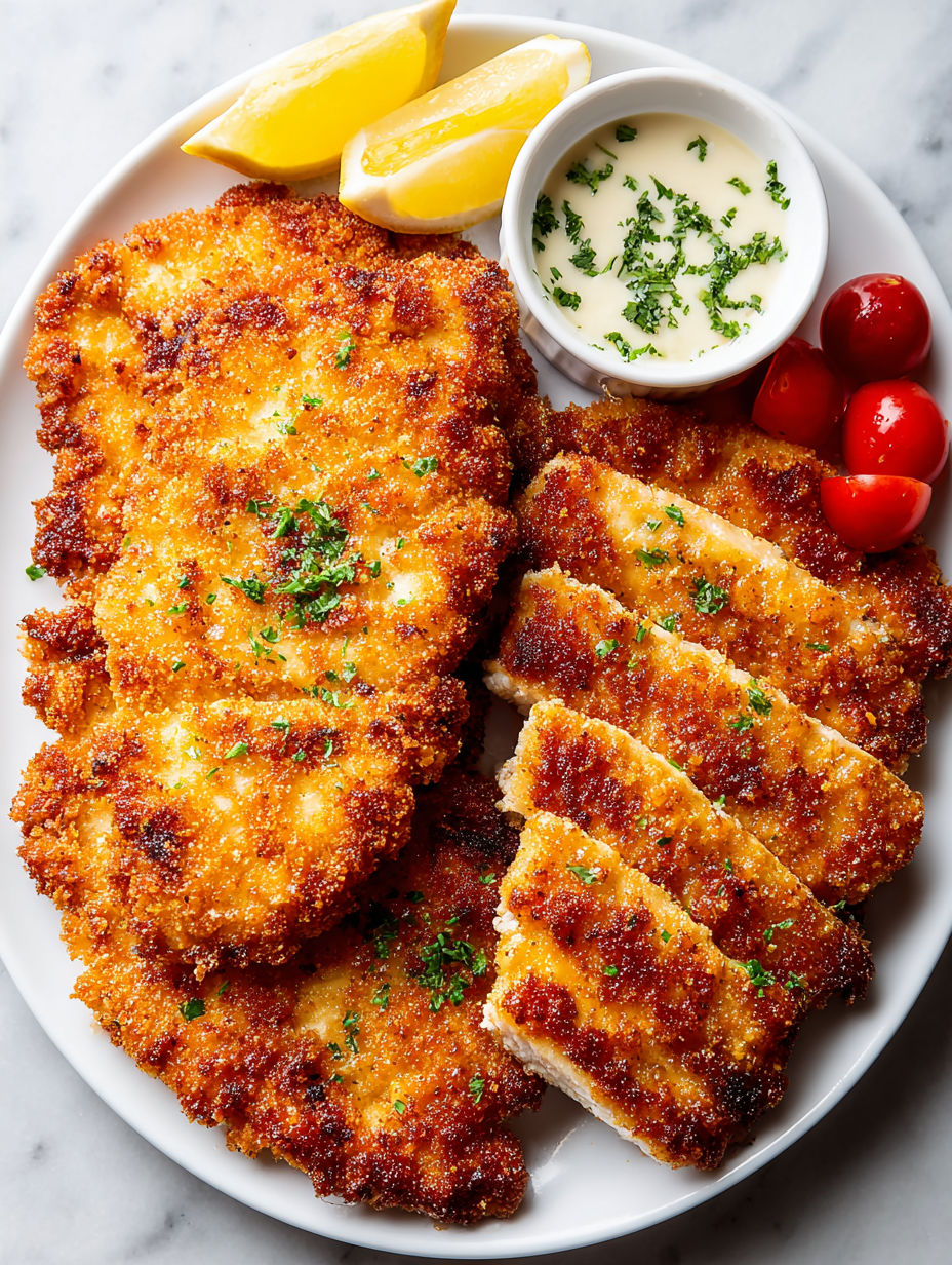 A plate of crispy chicken schnitzel.