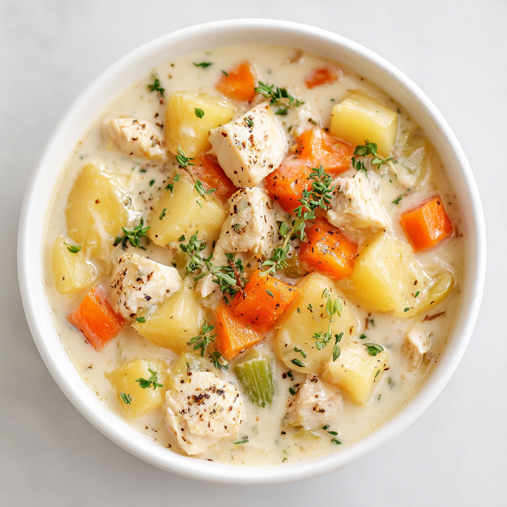 A bowl of creamy chicken potato soup.
