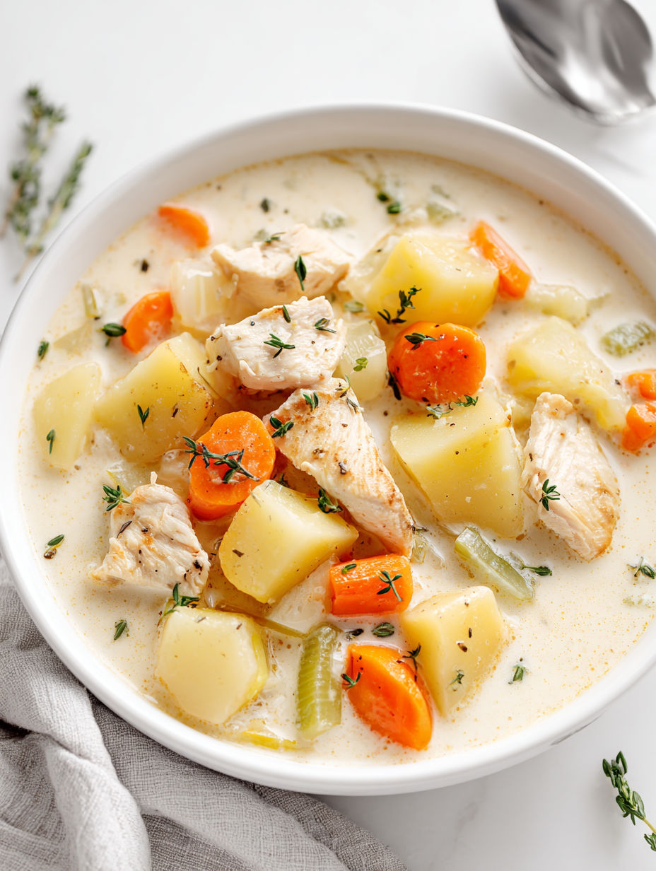 A bowl of soup with chicken, potatoes, and carrots.