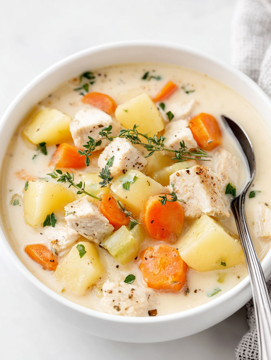 A bowl of creamy chicken potato soup.