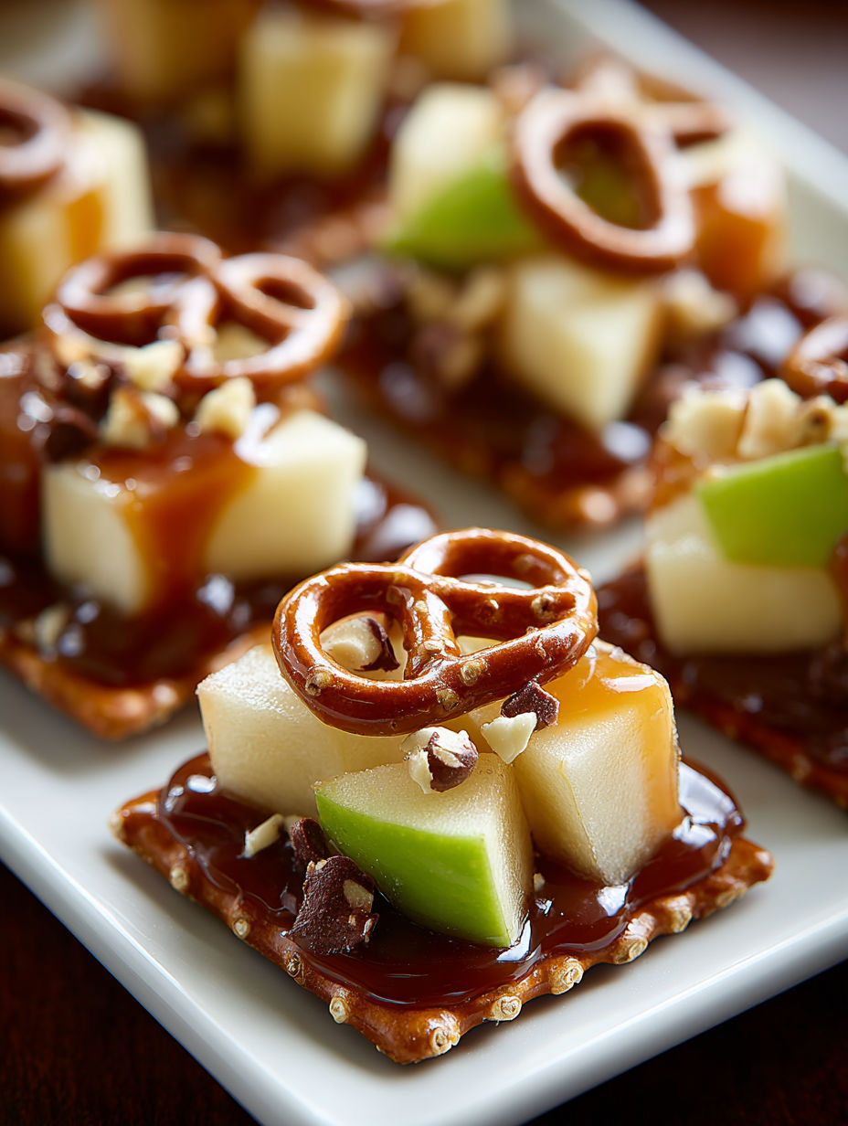A plate of caramel apple pretzel bites.
