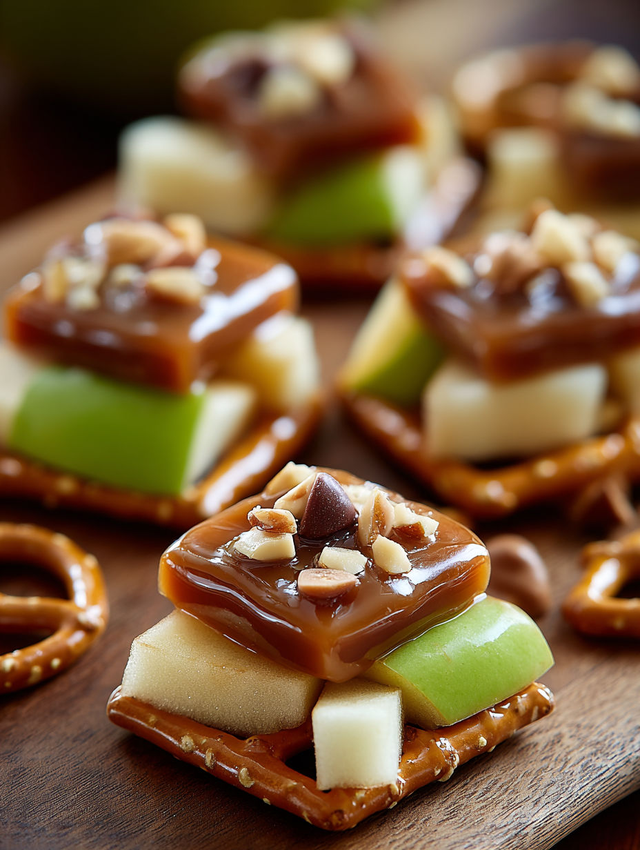 A plate of caramel apple pretzel bites.