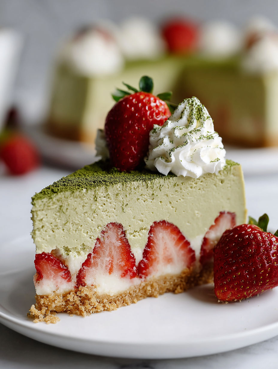 A slice of cake with strawberries and whipped cream.