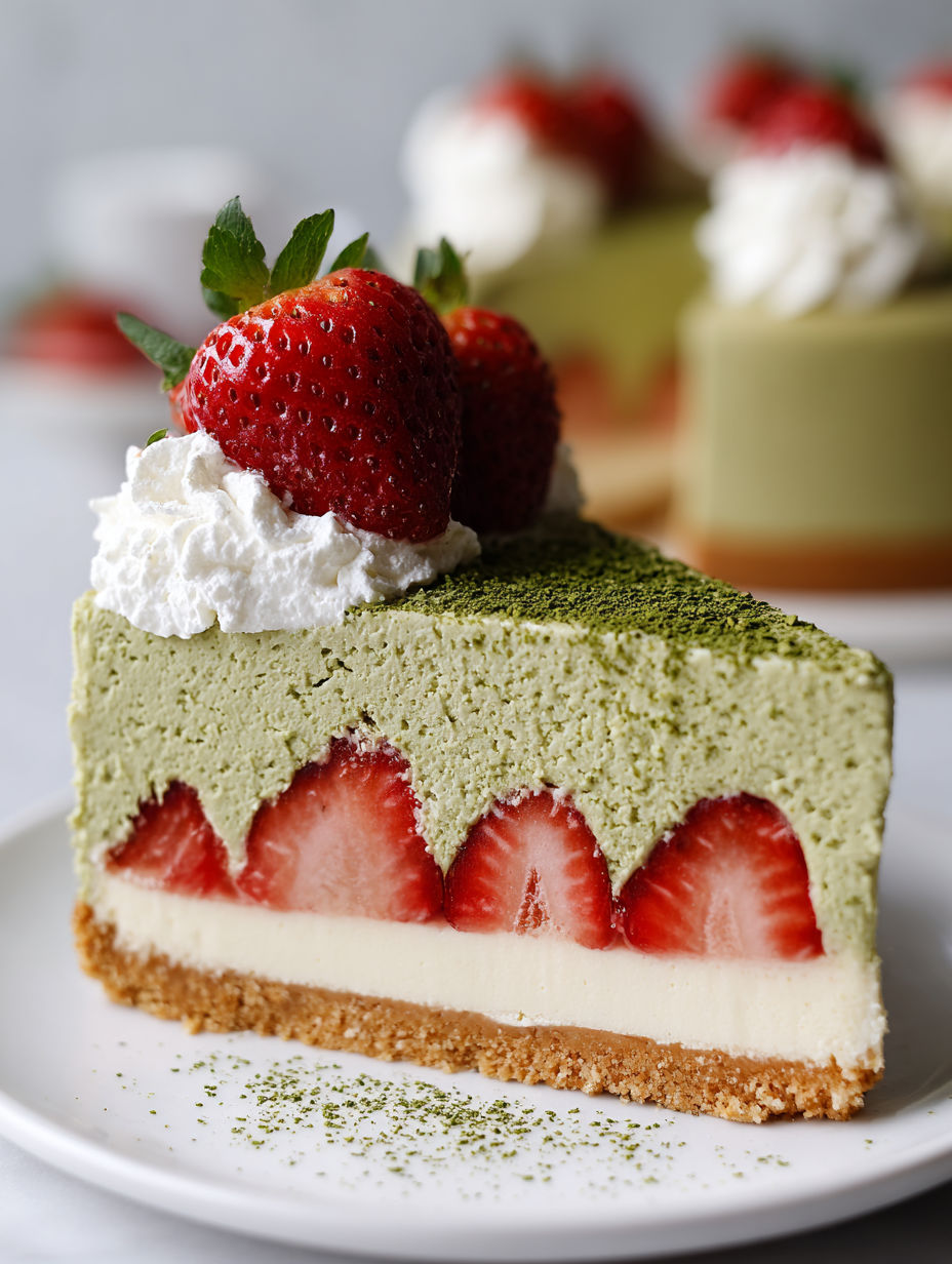 A slice of cake with strawberries and whipped cream.