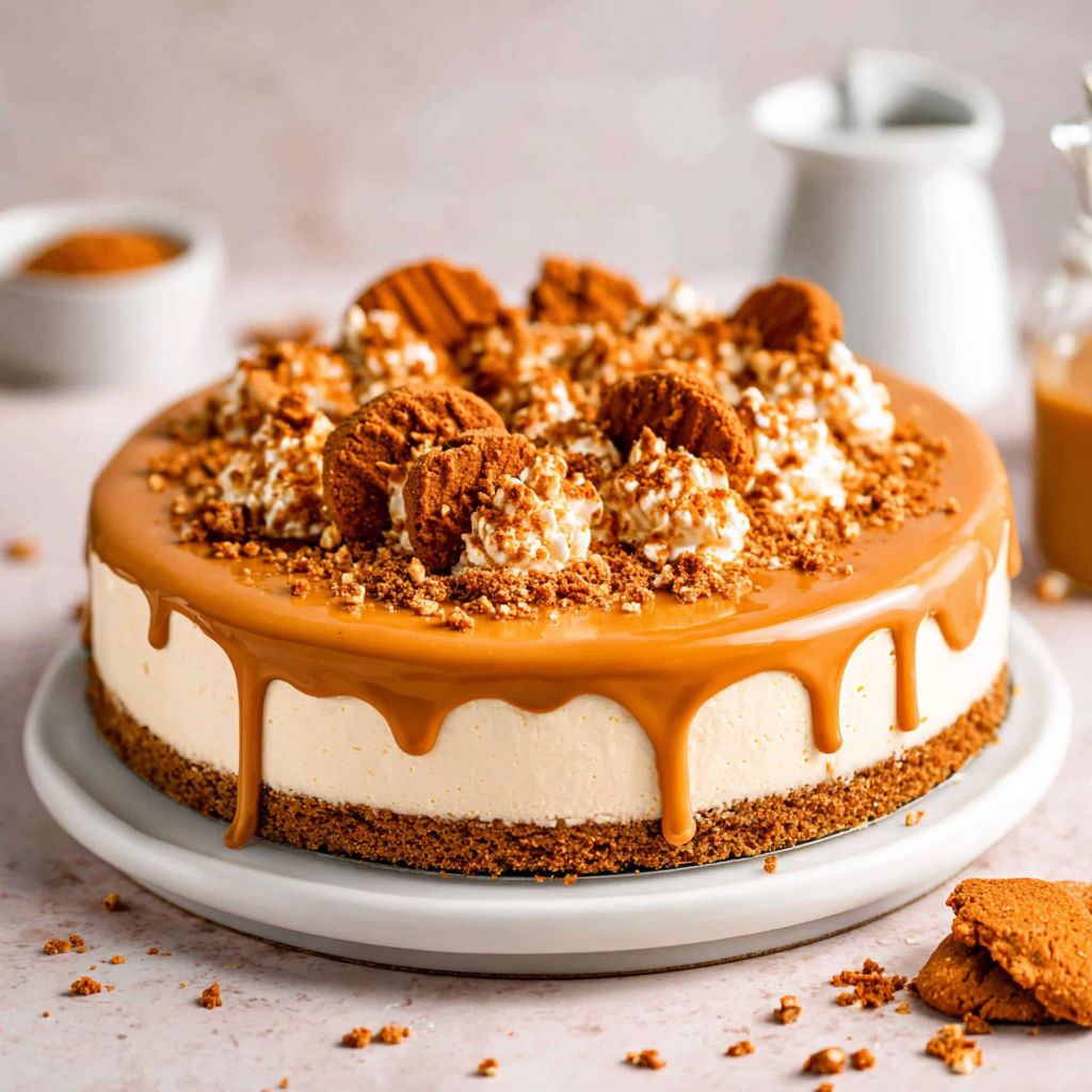 A slice of No Bake Biscoff Cheesecake.