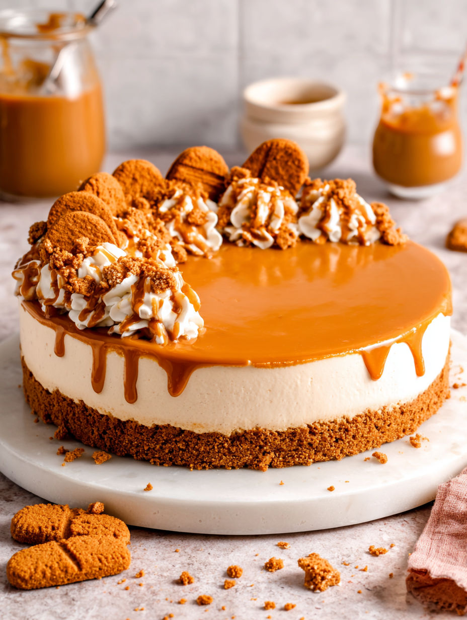 A slice of No Bake Biscoff Cheesecake.