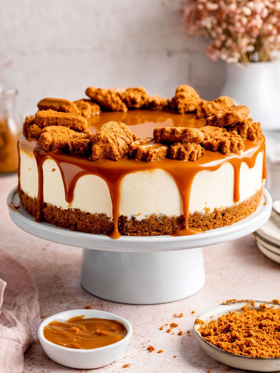 A slice of No Bake Biscoff Cheesecake.