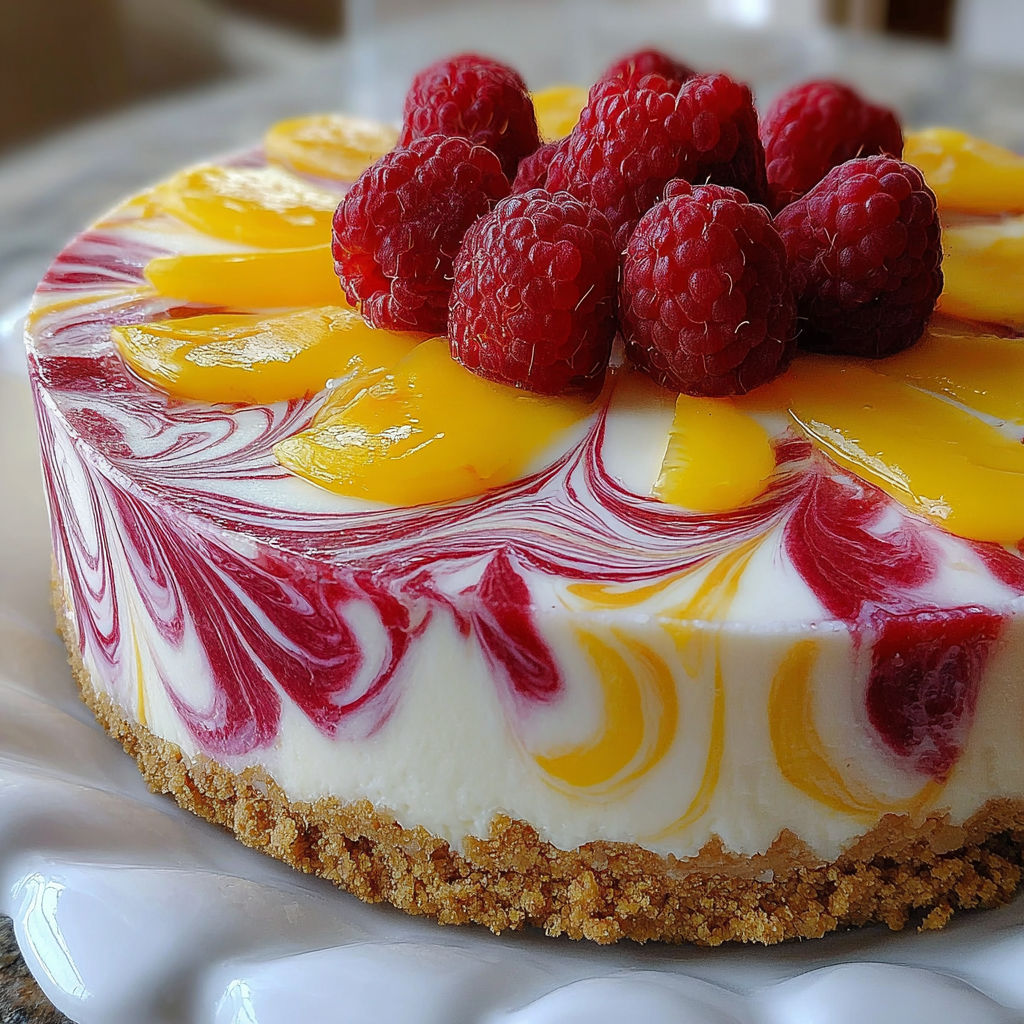 A slice of lemon raspberry swirl cheesecake.