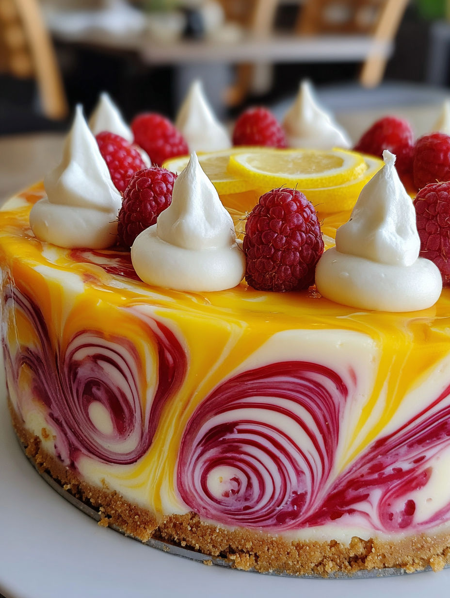 A slice of lemon raspberry swirl cheesecake.