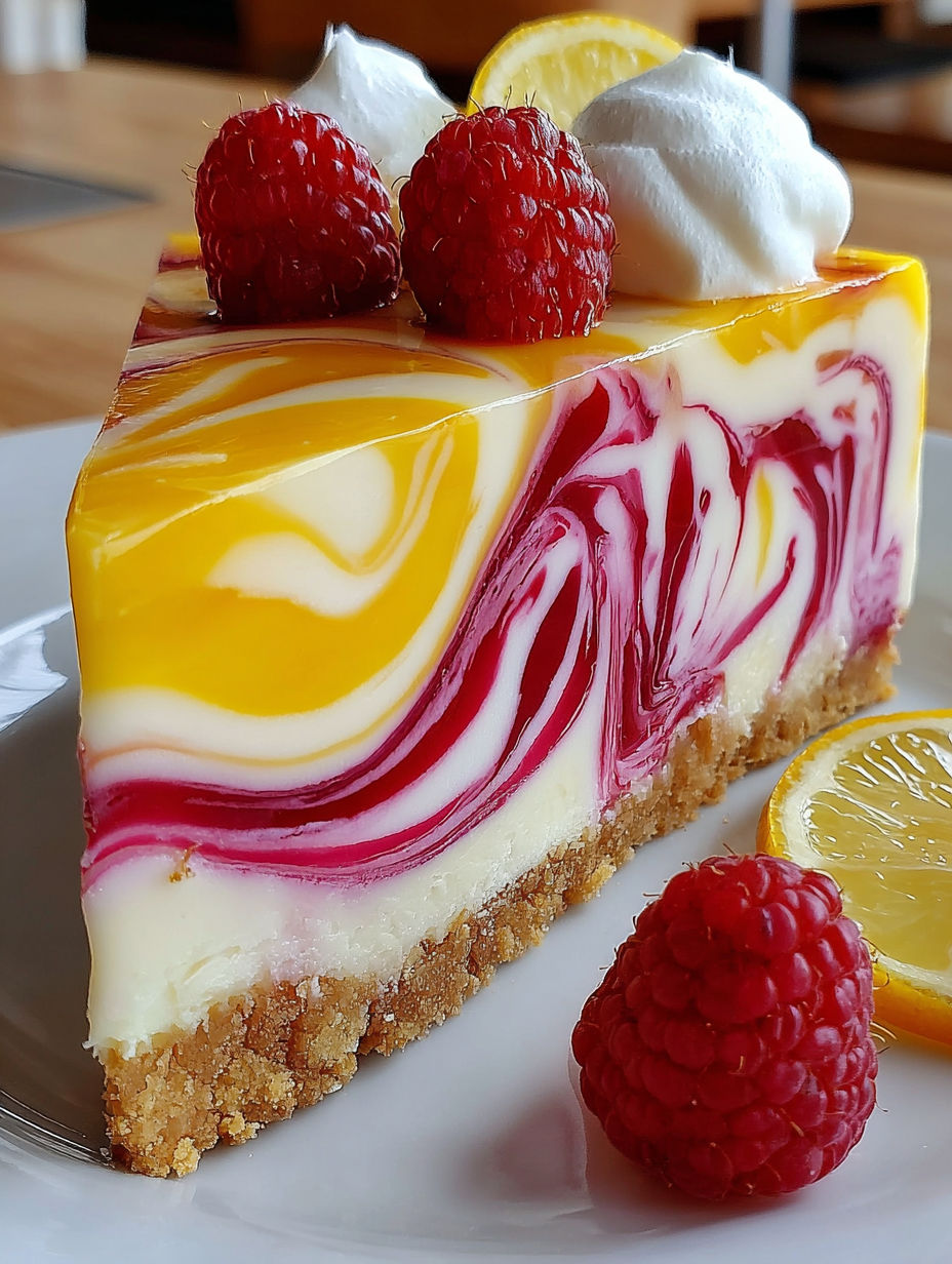 A slice of lemon raspberry swirl cheesecake.