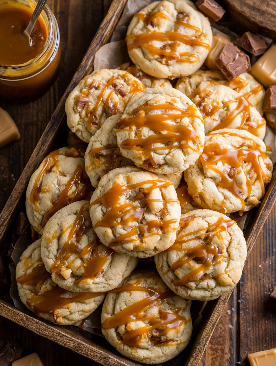 A plate of cookies with caramel drizzle.
