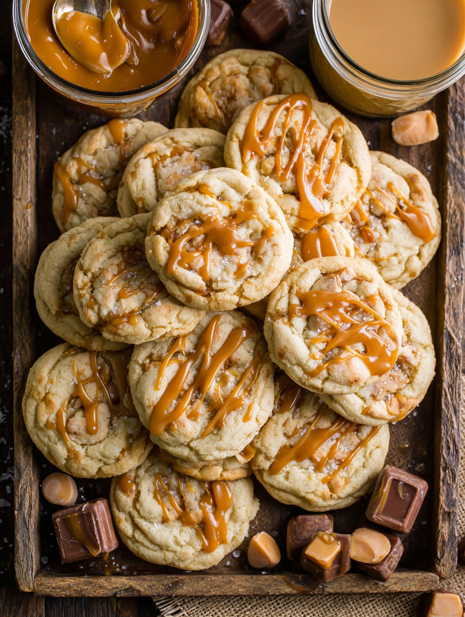 A plate of cookies with caramel drizzled on top.