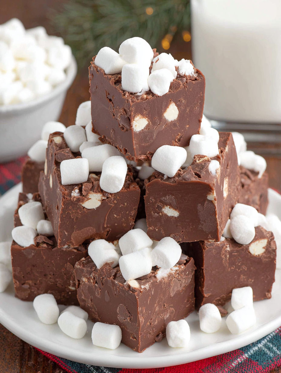 A plate of chocolate fudge with marshmallows on top.