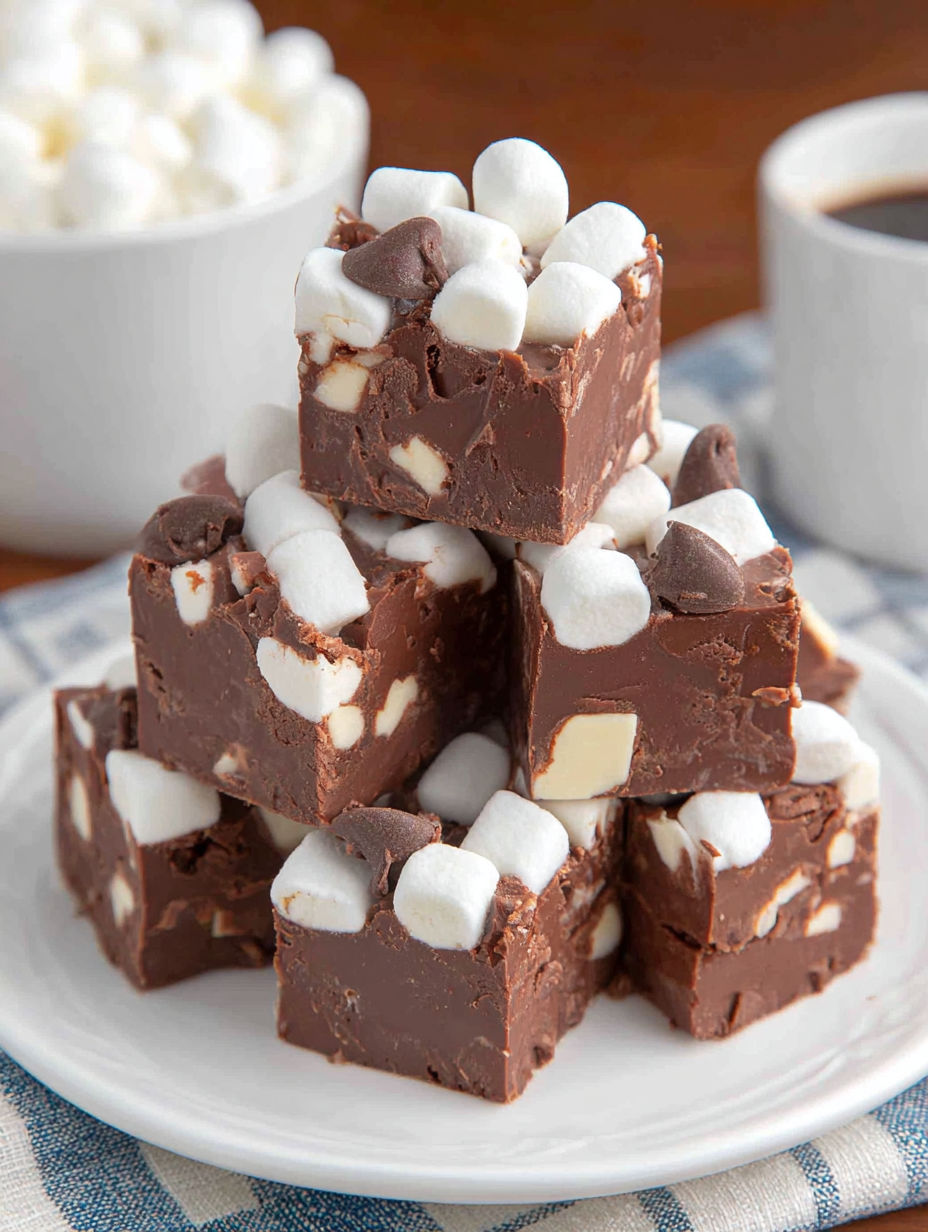 A stack of chocolate fudge squares with marshmallows on top.