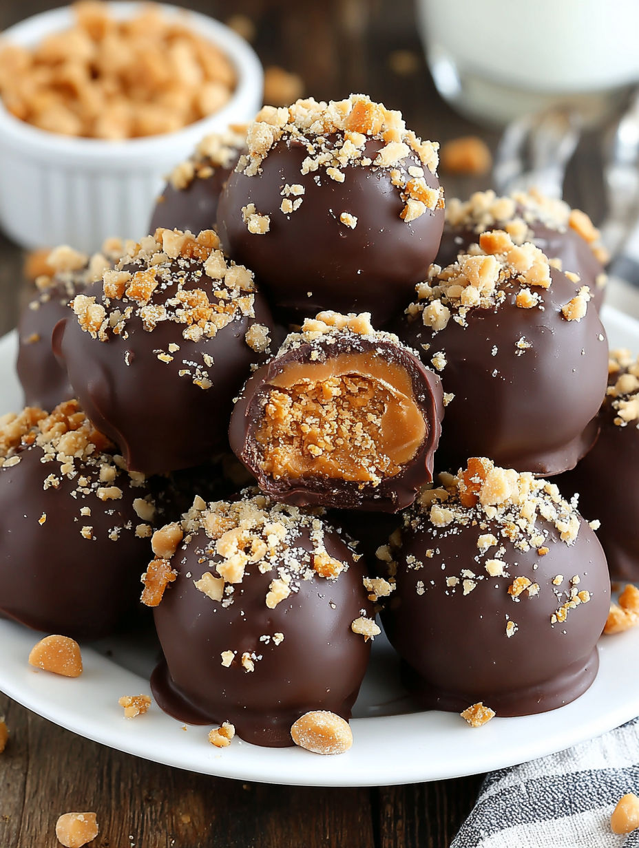 A plate of chocolate covered peanut butter balls.