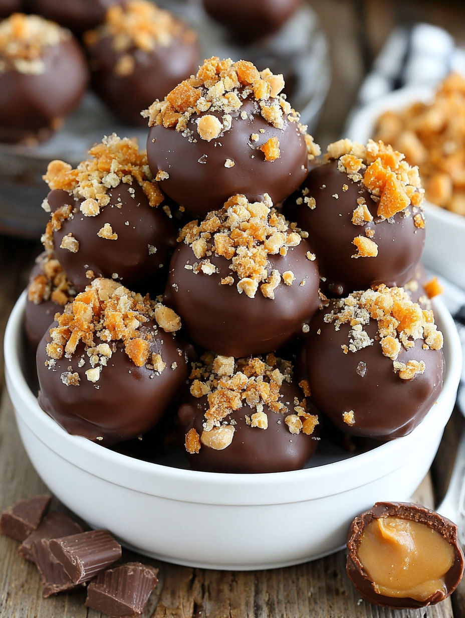 A bowl of chocolate balls with nuts on top.