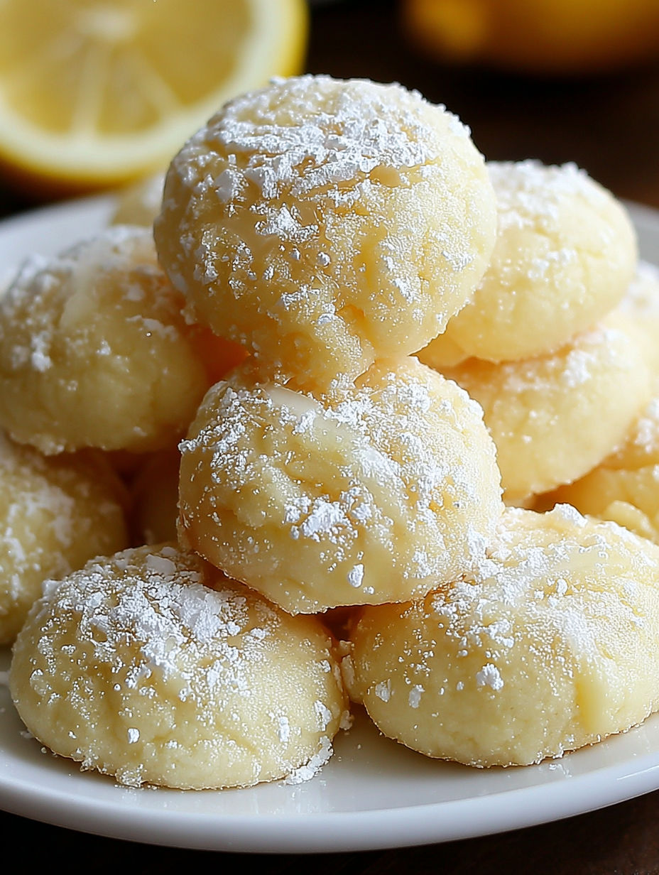 A plate of lemon meltaways with powdered sugar.