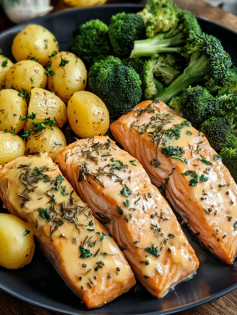 A plate of food with salmon, potatoes, and broccoli.