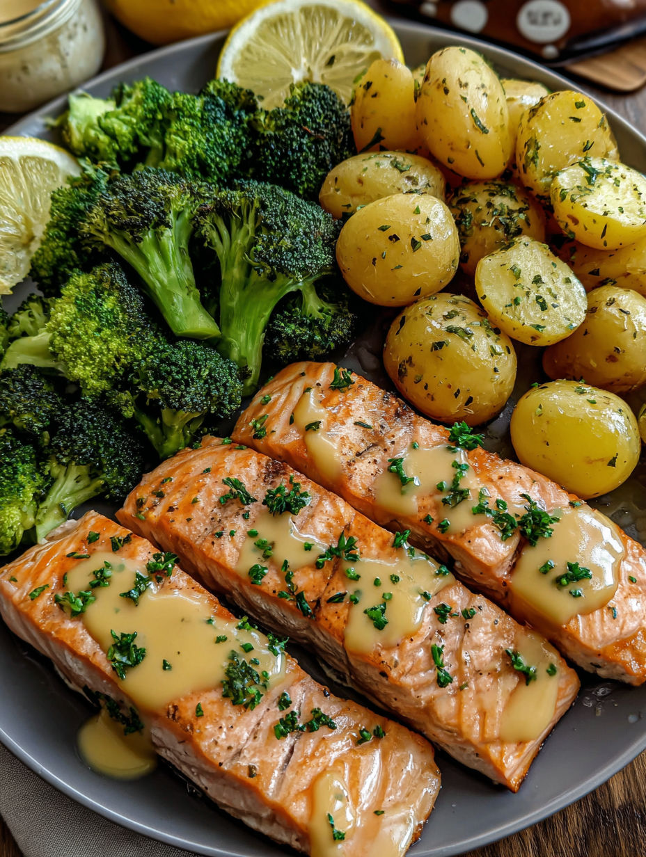 A plate of food with salmon, potatoes, and broccoli.