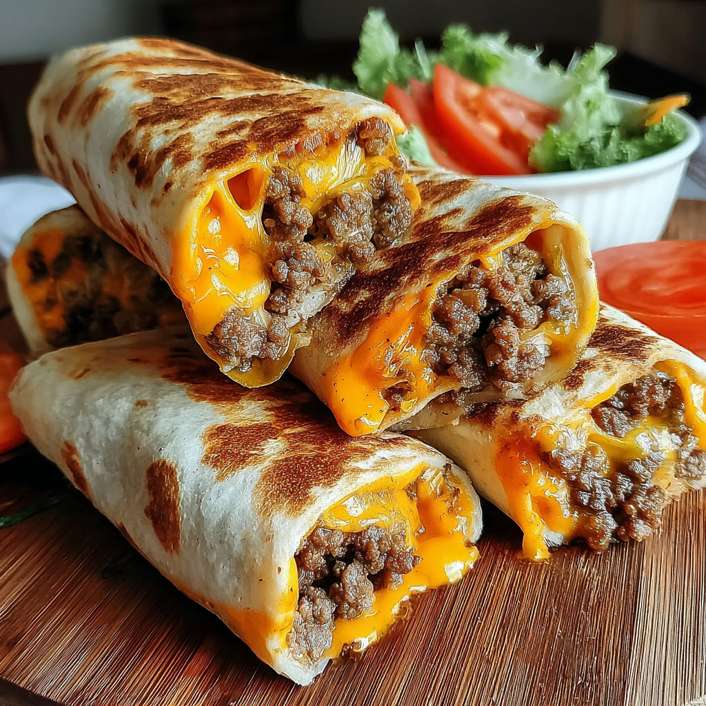 A stack of grilled cheeseburger wraps.