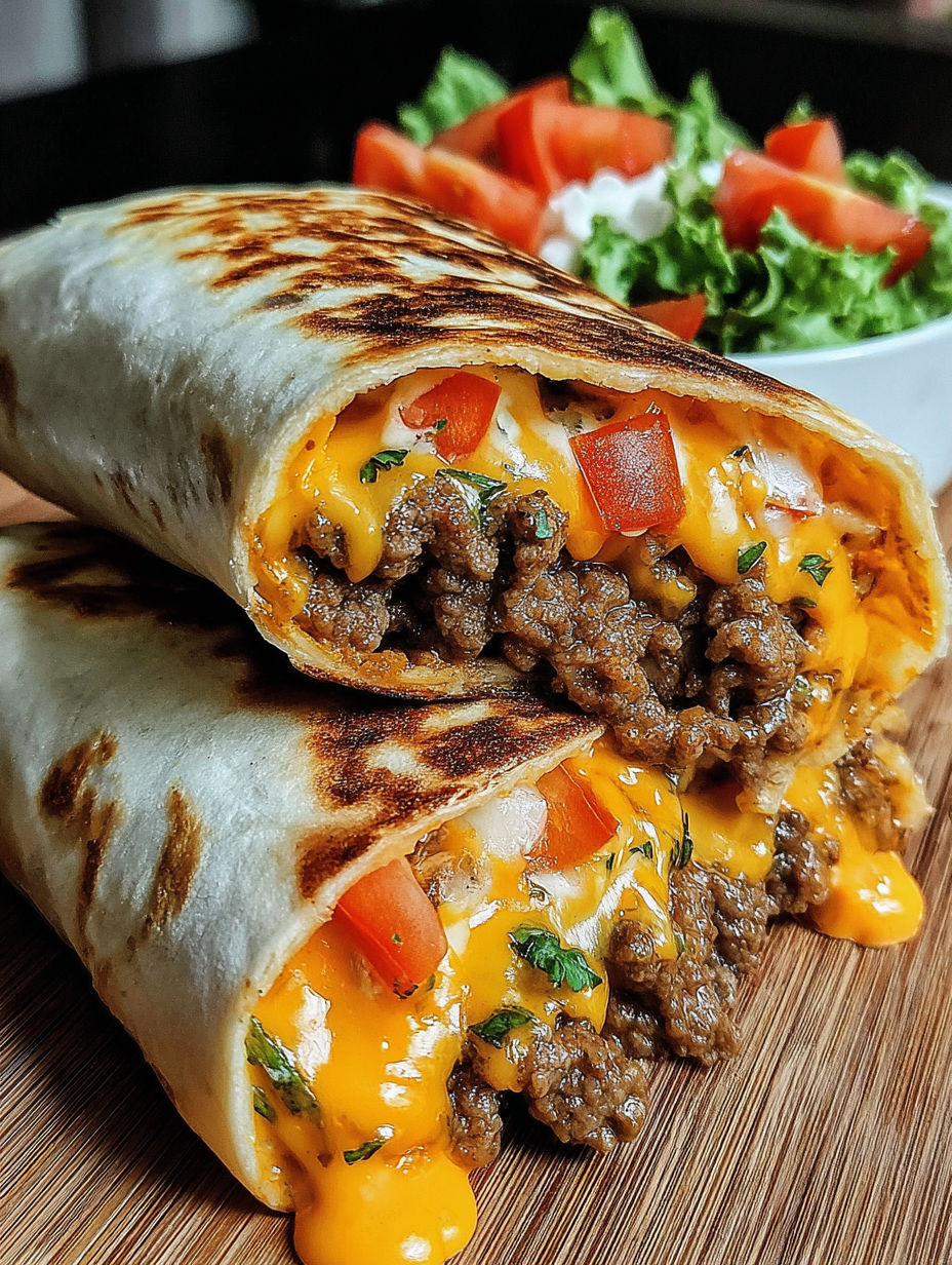 Two grilled cheeseburger wraps with tomatoes and lettuce.