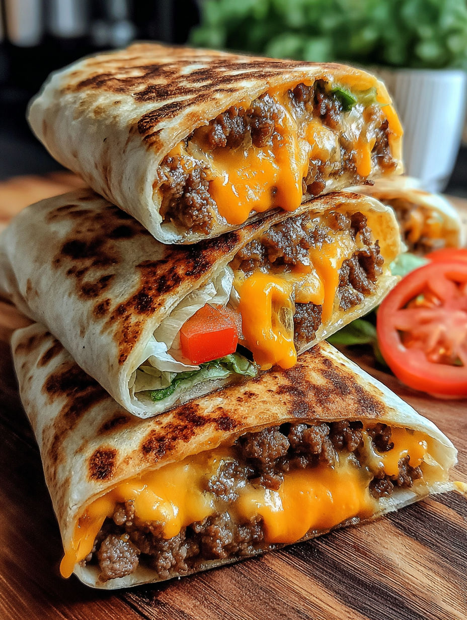 Three grilled cheeseburger wraps on a wooden table.