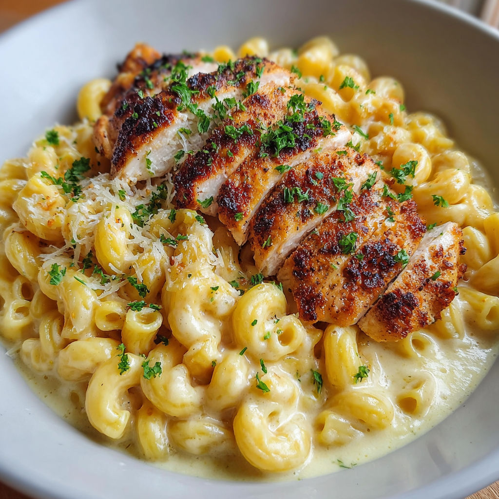 A plate of mac and cheese with chicken on top.