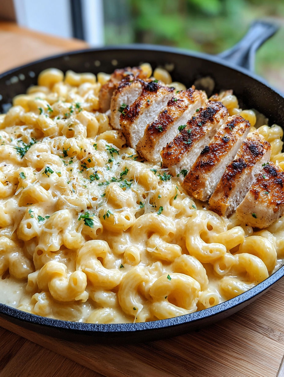 A plate of mac and cheese with chicken on top.