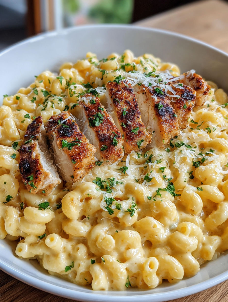 A bowl of mac and cheese with chicken.