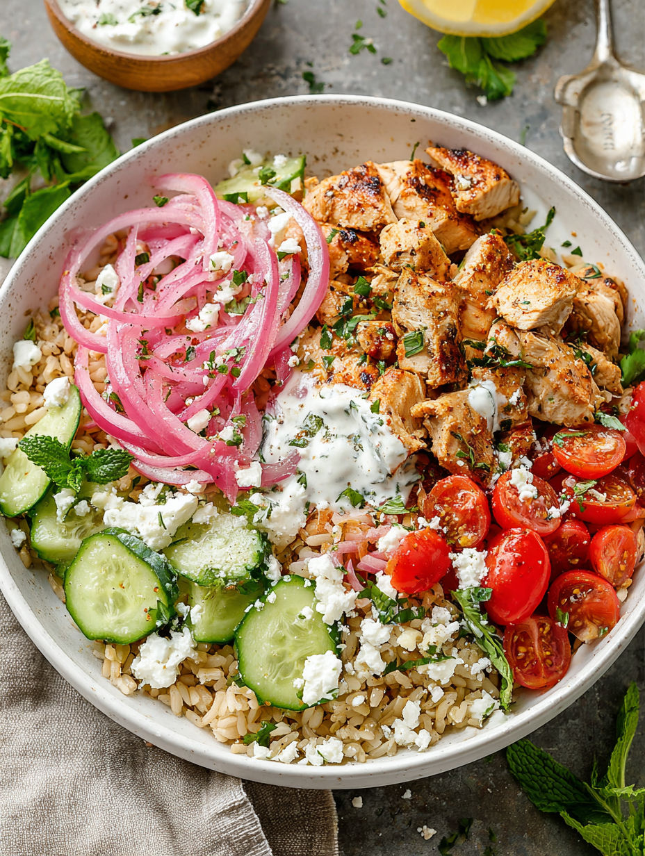A bowl of food with rice, tomatoes, cucumbers, onions, and chicken.