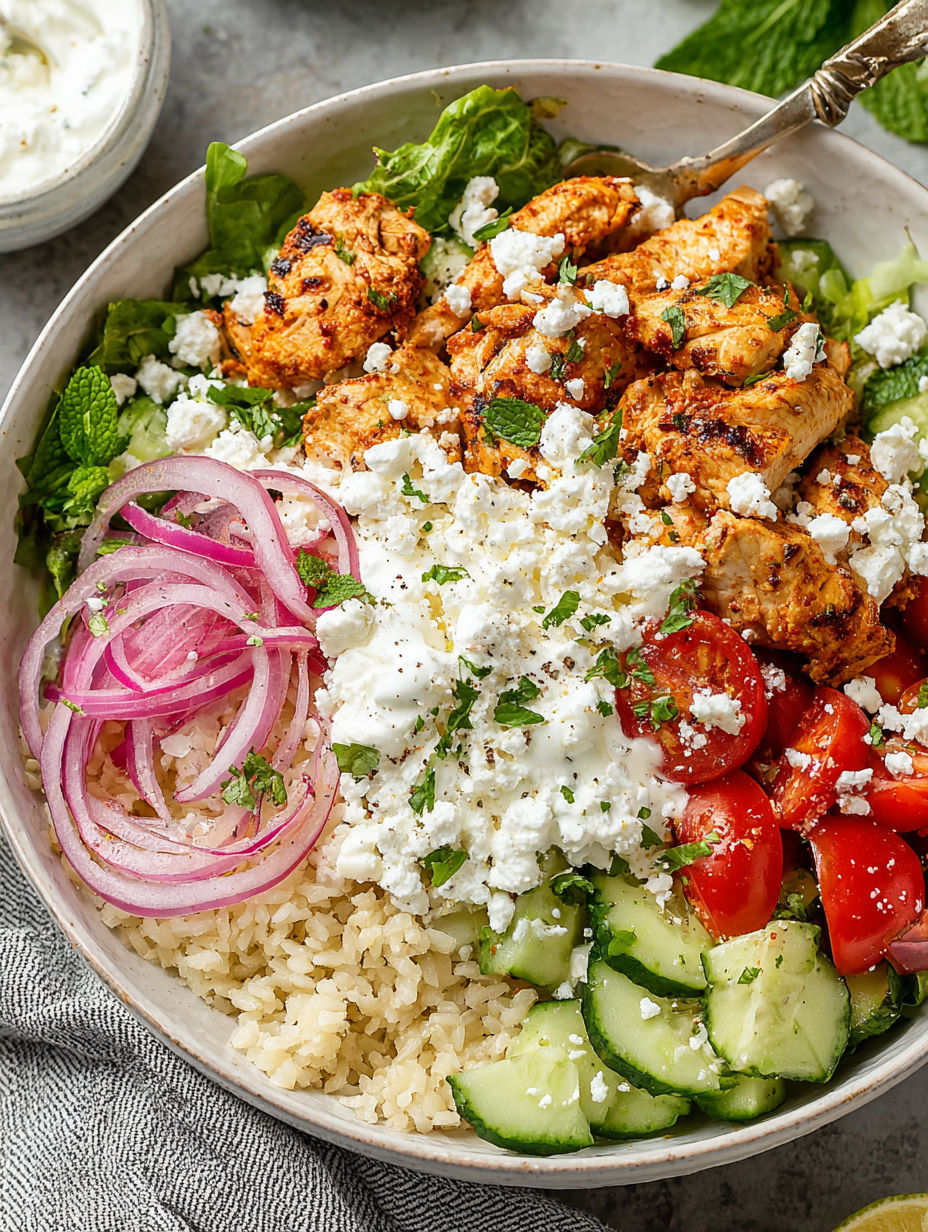 A bowl of food with rice, tomatoes, cucumbers, onions, and chicken.