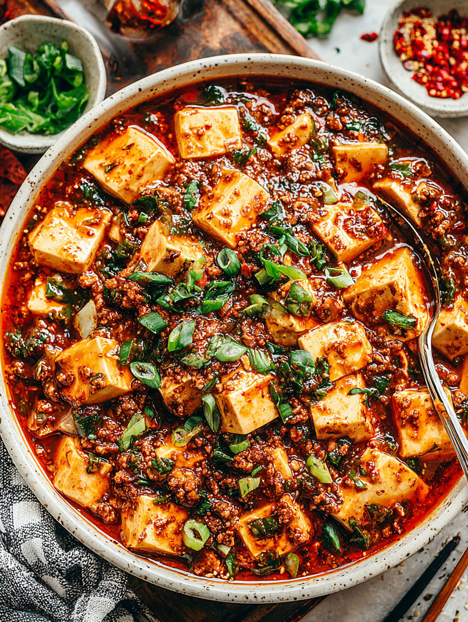 A bowl of Mapo Tofu with green onions.