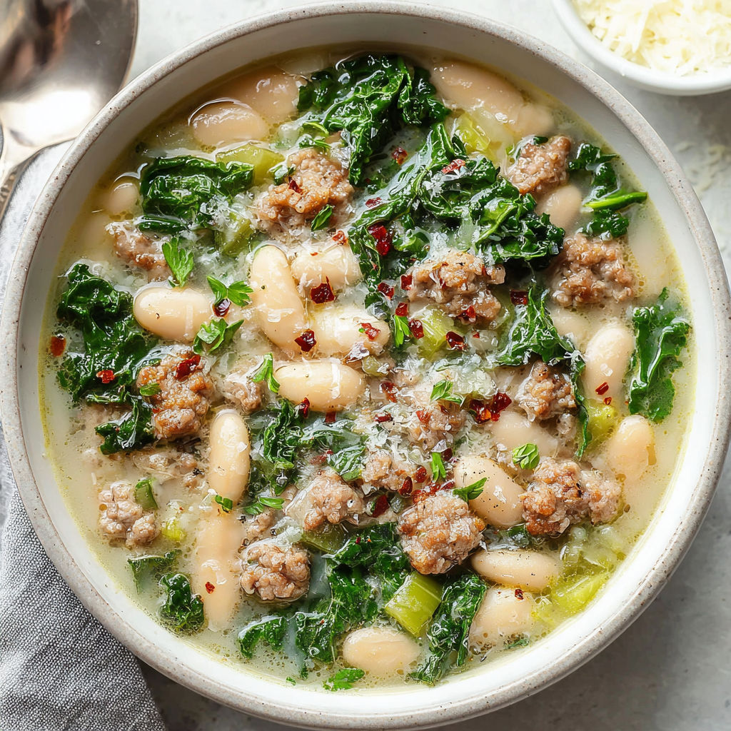 A bowl of soup with sausage and white beans.