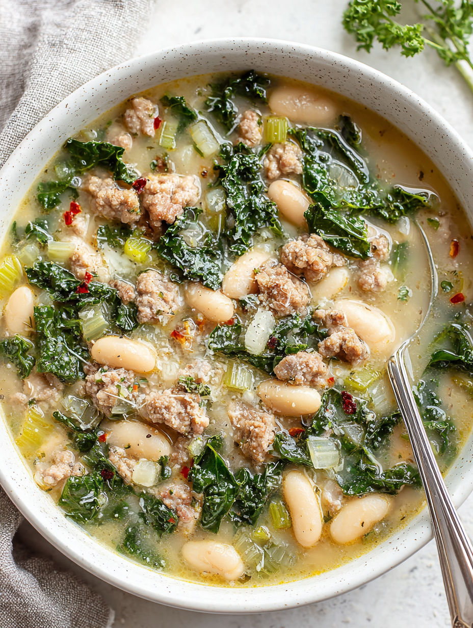 A bowl of soup with sausage and white beans.
