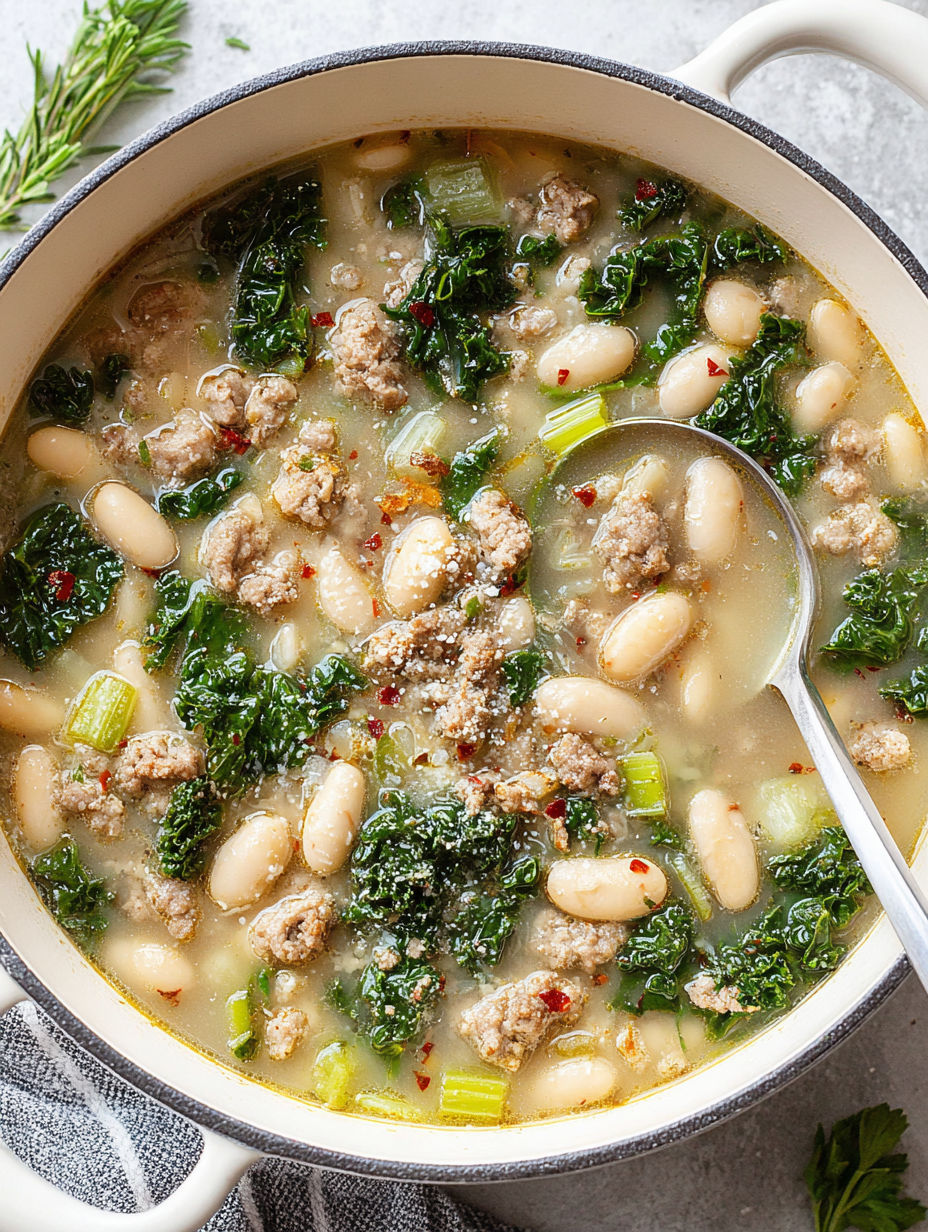 A bowl of soup with sausage and white beans.