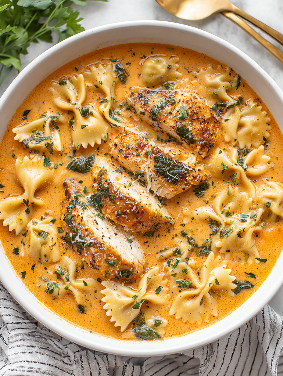 A bowl of chicken soup with pasta and chicken.