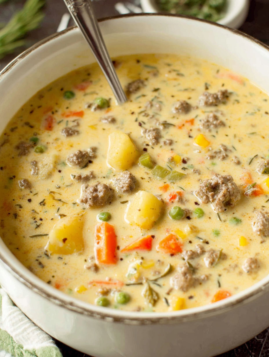 A bowl of soup with meat and vegetables.