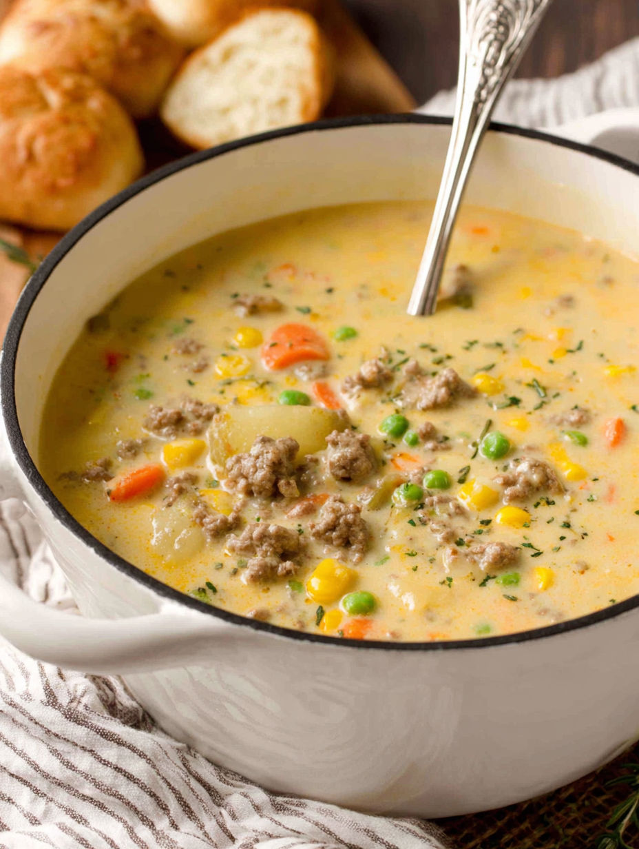 A bowl of soup with meat and vegetables.