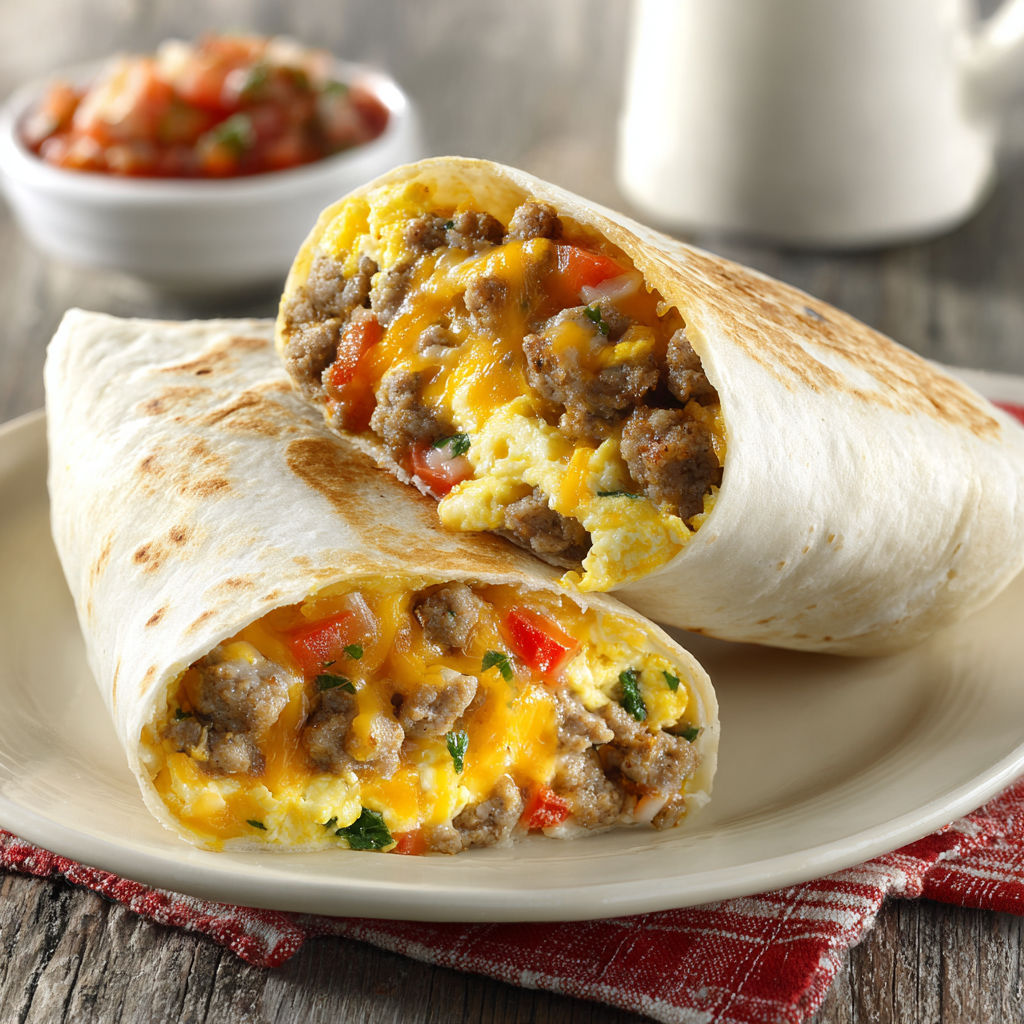Two breakfast burritos with eggs and cheese.
