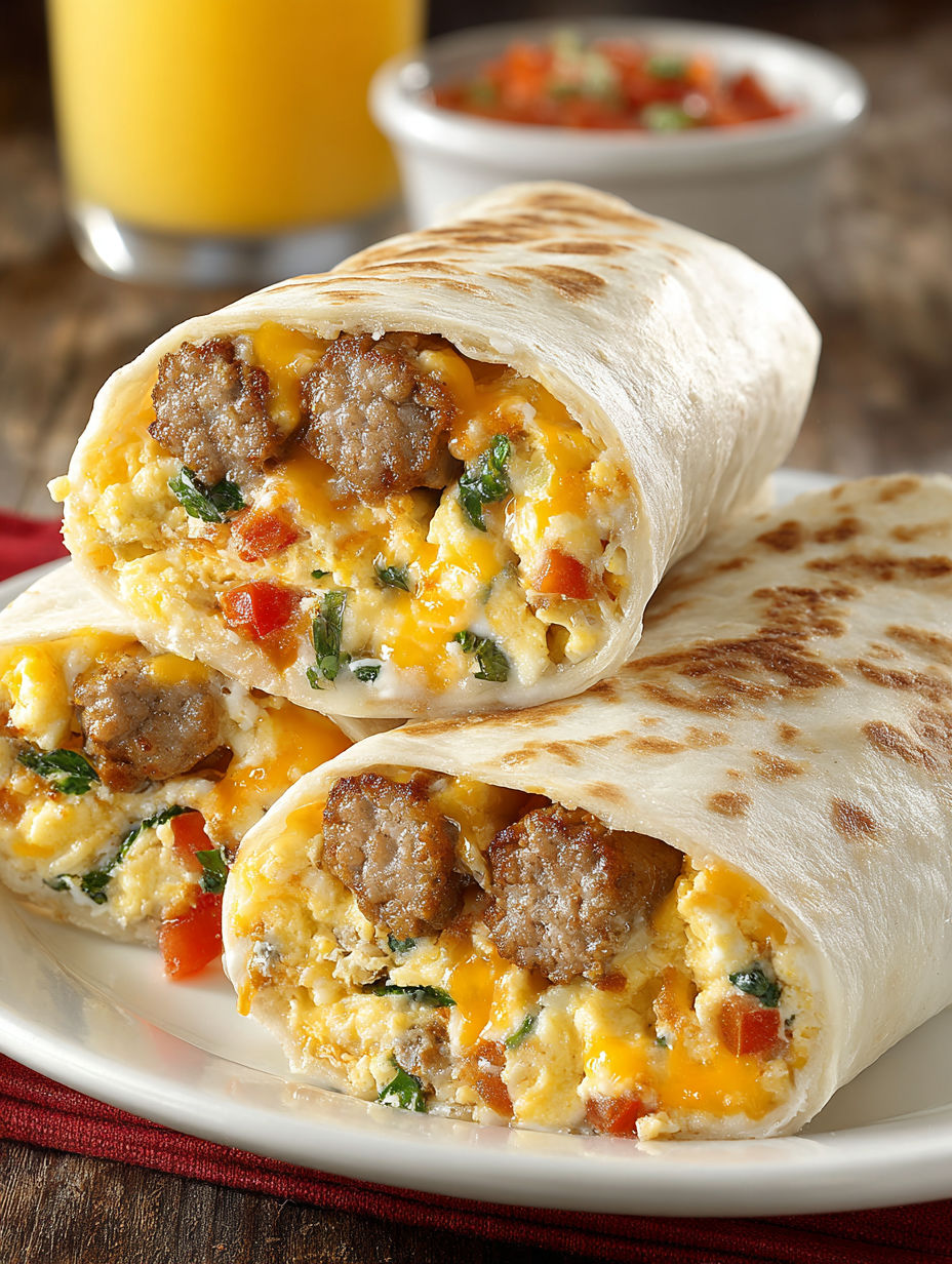 Two breakfast burritos with sausage and cheese.