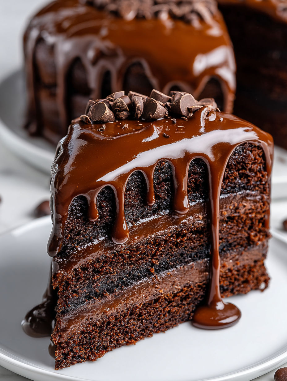 A slice of chocolate cake with chocolate ganache drizzled on top.