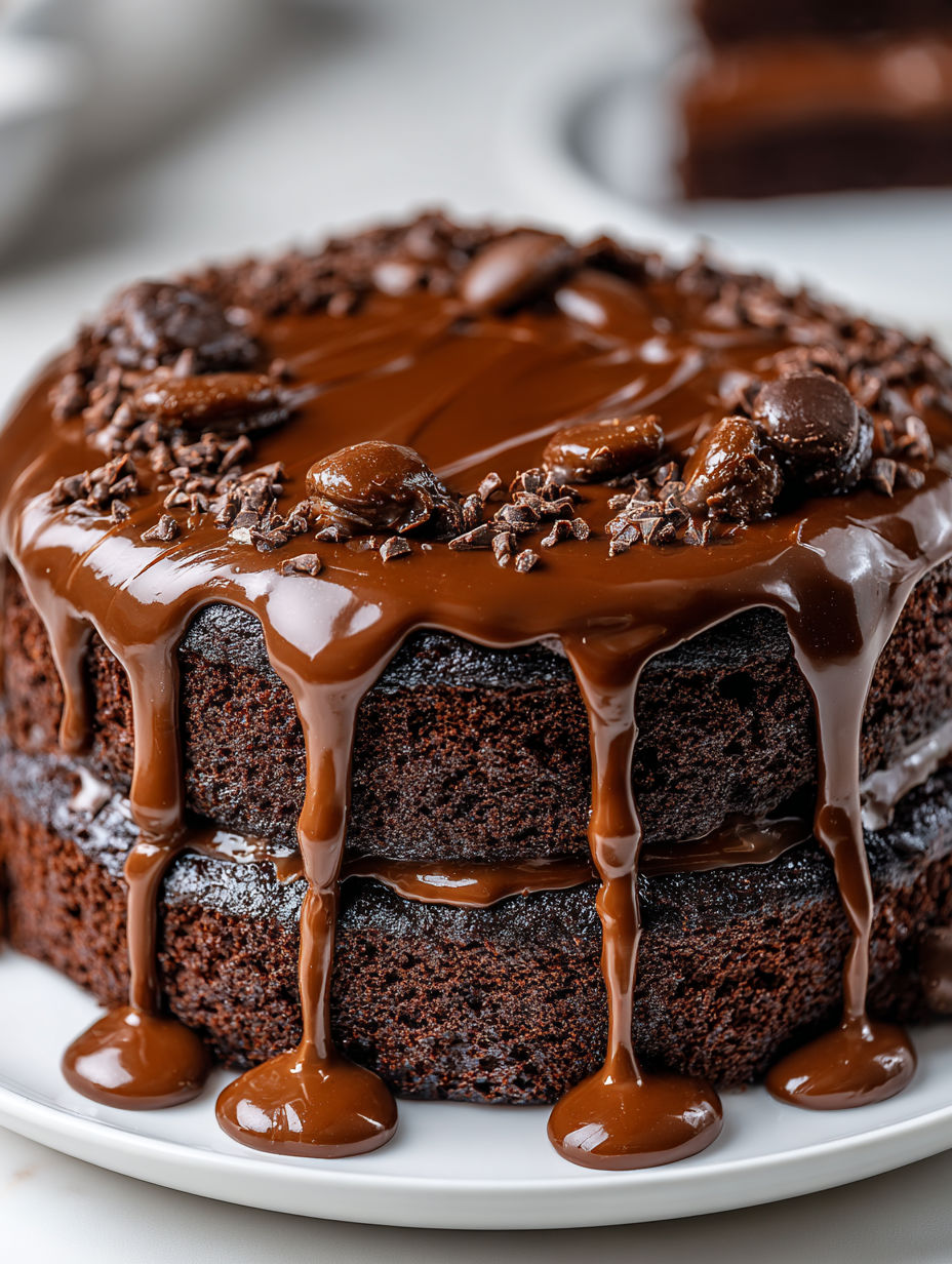 A slice of chocolate cake with chocolate ganache drizzled on top.
