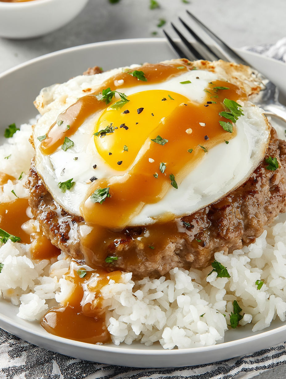 A plate of food with a fried egg on top of it.