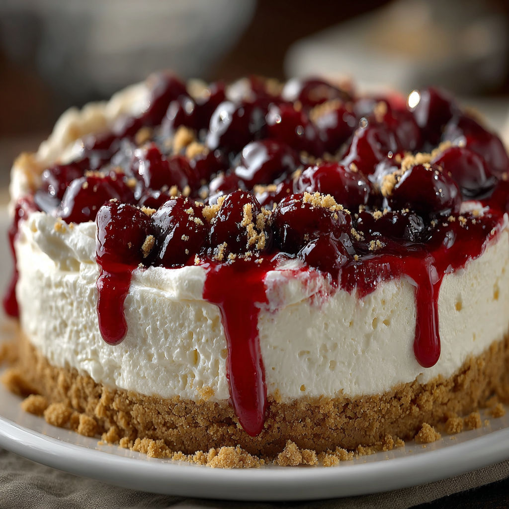A slice of cherry cheesecake on a plate.