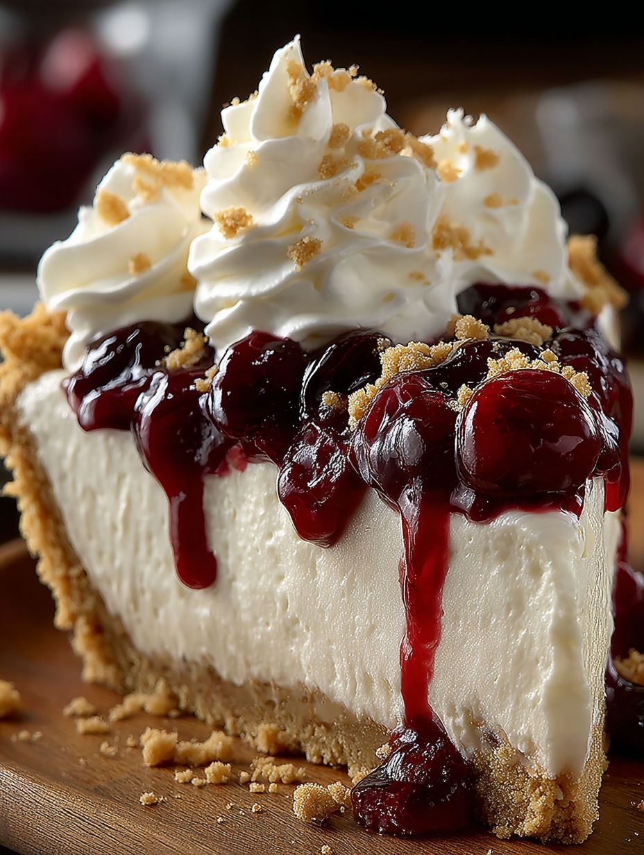 A slice of cherry cheesecake with whipped cream.
